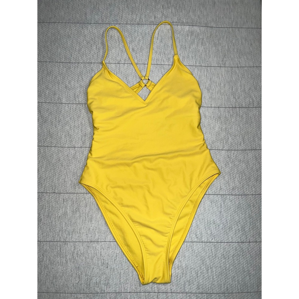 Shade & Shore Womens S 4-6 Yellow V Neck O Ring Strappy Back One Piece Swimsuit